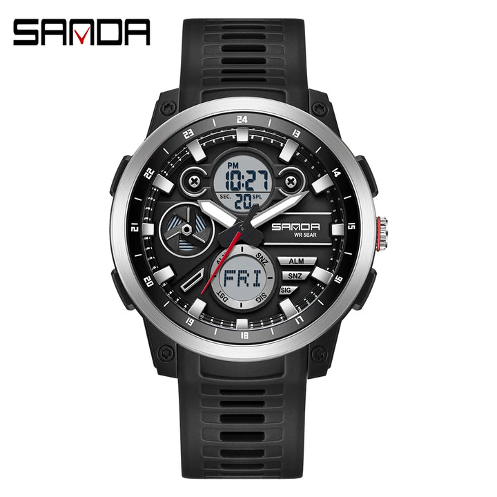 SANDA Men Sport Wristwatch TPU Strap Waterproof Quartz Watch Dual Display Digital Luminous Male Clock Relogio Masculino