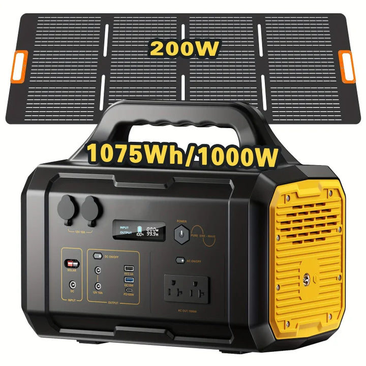 Portable Power Station with Foldable Solar Panel (200W) for Camping 1000W 1075Wh LiFePO4 Battery Powered Generator