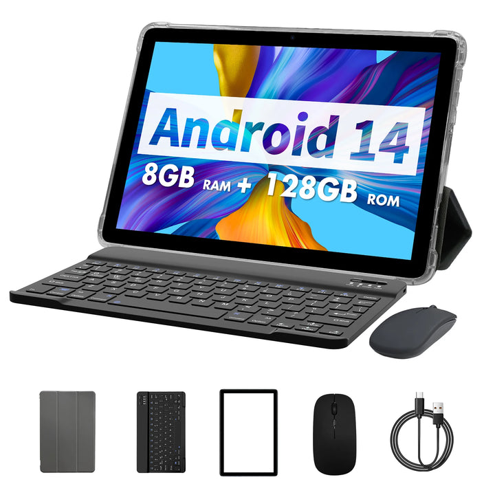 PRITOM TAB11 Android 14 Tablet 10 Inch, 8GB(4+4 Expand) RAM + 128GB ROM, Octa Core, 5G WiFi, with Keyboard, Mouse, Case