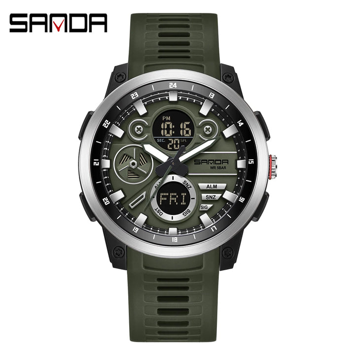 SANDA Men Sport Wristwatch TPU Strap Waterproof Quartz Watch Dual Display Digital Luminous Male Clock Relogio Masculino