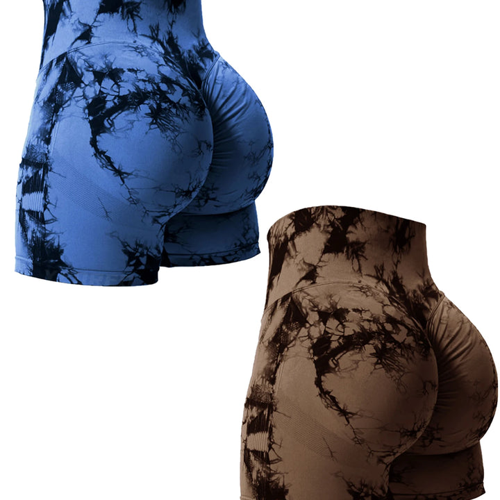 2PCS Tie Dye Butt Lifting Sexy Gym Shorts Woman Skinny Stretch High Waist Sport Shorts Casual Seamless