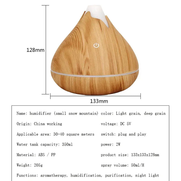 350ML Aromatherapy Essential Oil Diffuser Wood Grain Remote Control Ultrasonic Air Humidifier Cool with 7 Color LED Light