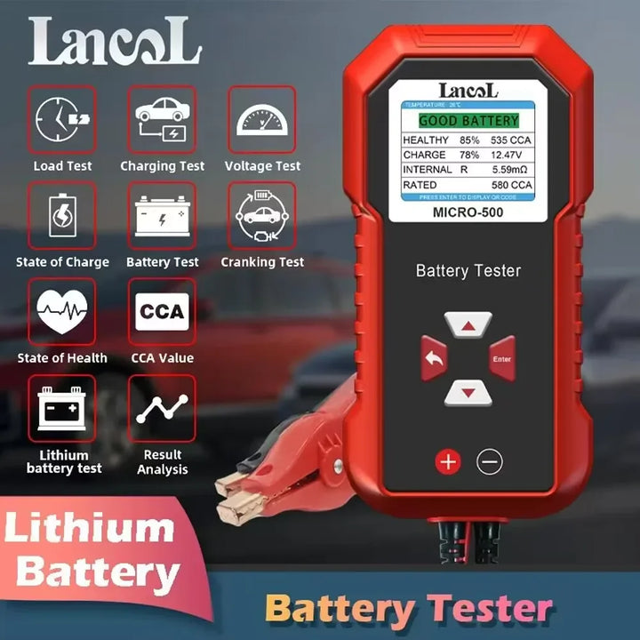 Lancol Micro 500 12V Car Battery Tester 40-3000 CCA Lithium Battery Test Lead Acid Battery Analyzer LED Display with QR Code