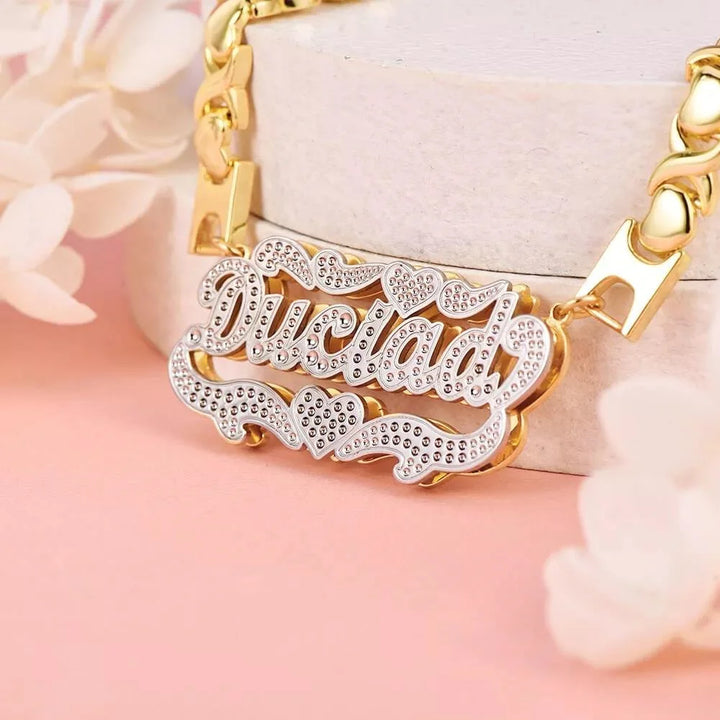 Personalized Nameplate Name Necklace Two tone Pendant Necklace Customized 3D18K Stainless Steel Gold Plated Gift for Women/Girls