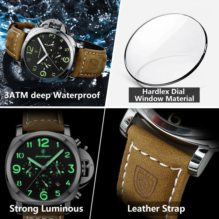 POEDAGAR Luxury Man Watch Chronograph Waterproof Luminous Date Watch for Men Casual Leather Sports Military Men's Quartz Watches