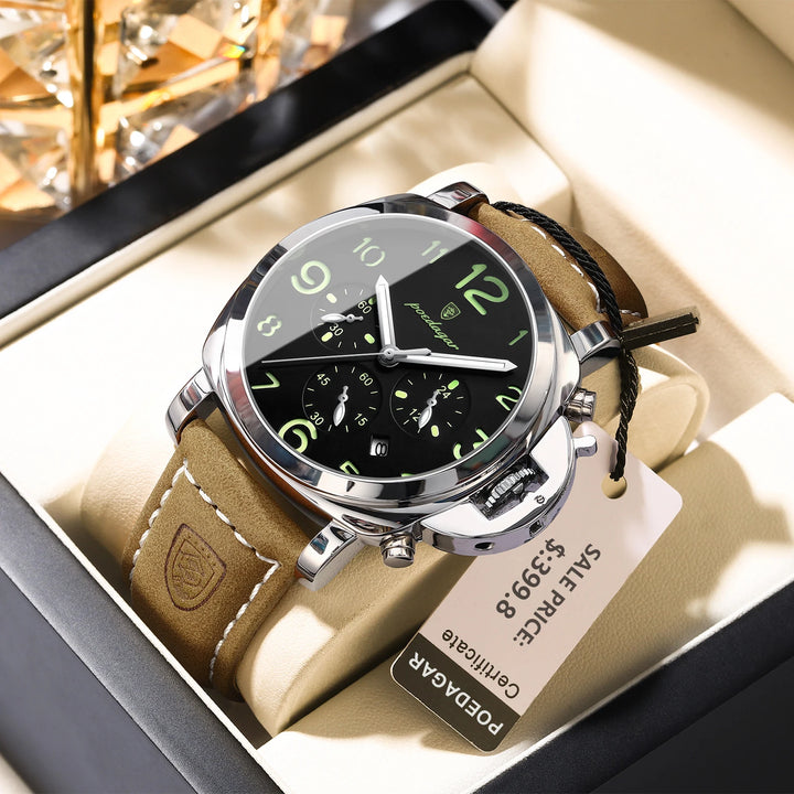 POEDAGAR Luxury Man Watch Chronograph Waterproof Luminous Date Watch for Men Casual Leather Sports Military Men's Quartz Watches