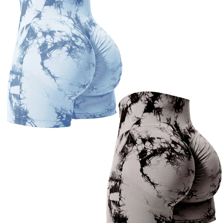 2PCS Tie Dye Butt Lifting Sexy Gym Shorts Woman Skinny Stretch High Waist Sport Shorts Casual Seamless
