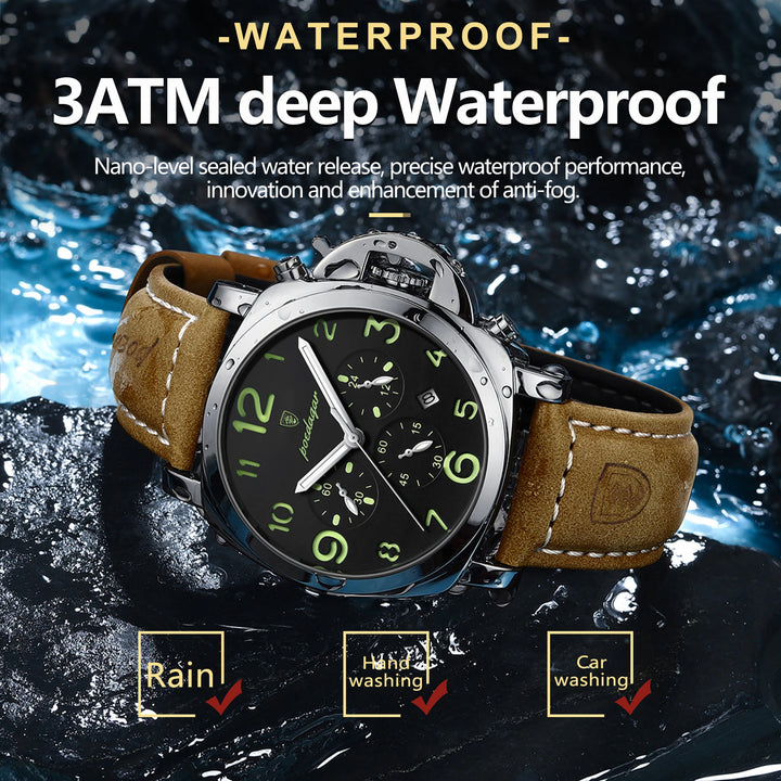 POEDAGAR Luxury Man Watch Chronograph Waterproof Luminous Date Watch for Men Casual Leather Sports Military Men's Quartz Watches