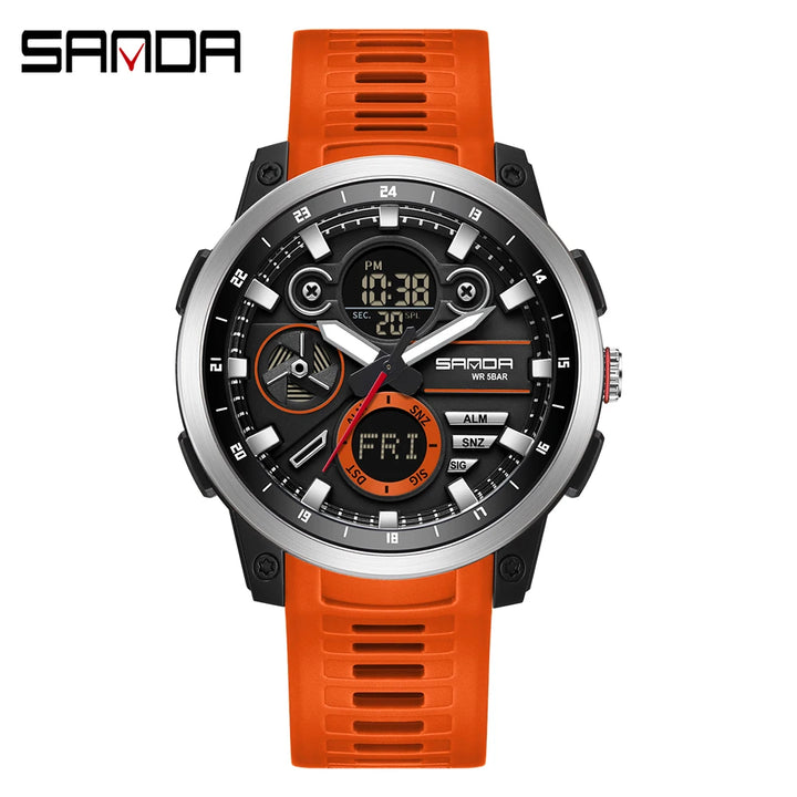 SANDA Men Sport Wristwatch TPU Strap Waterproof Quartz Watch Dual Display Digital Luminous Male Clock Relogio Masculino