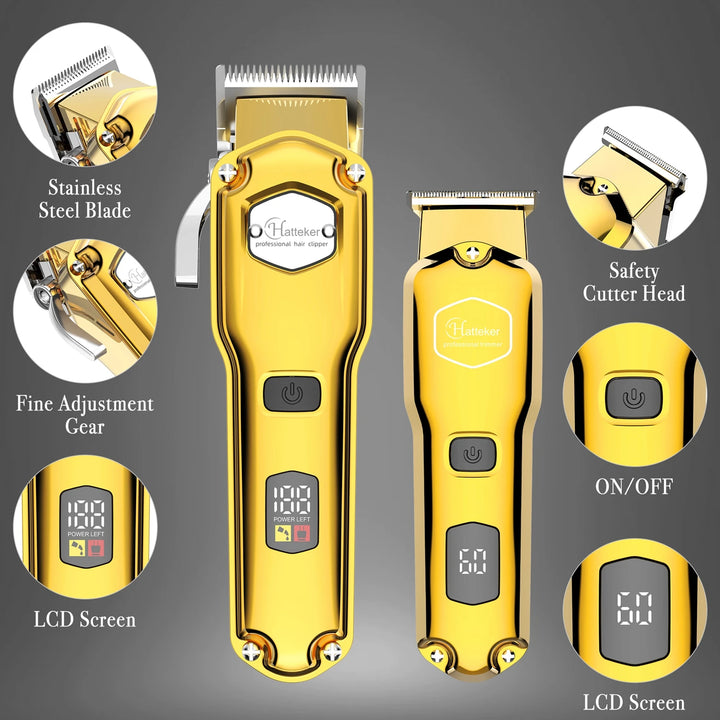 HATTEKER Professional Hair Clippers for Men, Cordless Metal Barber Clippers and Trimmers Set, Clippers for Hair Cutting Kit